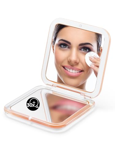 OMIRO Folding Compact Mirror, 1X/30X Magnification 3½” Pocket Size Square Hand Mirror for Travel Makeup (Peach Fuzz) - color: Peach Fuzz-30x