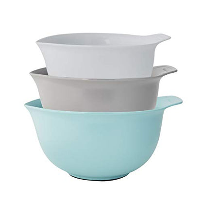 KitchenAid Universal Nesting Plastic Mixing Bowls, Set Of 3, 2.5 quart, 3.5 quart, 4.5 quart, Non Slip Base with Easy Pour Spout to Reduce Mess, Dishwasher Safe, Aqua Sky, White, Gray - color: Aqua Sky White Gray, size: Set of 3