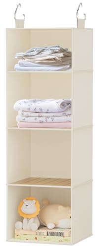Hanging Closet Organizer and Storage with Bamboo Shelves - Foldable Storage for Clothes, Towels, Accessories | Space Saving, No Assembly Needed (Beige) - color: Beige, size: 4 Tiers-Closet Hanging