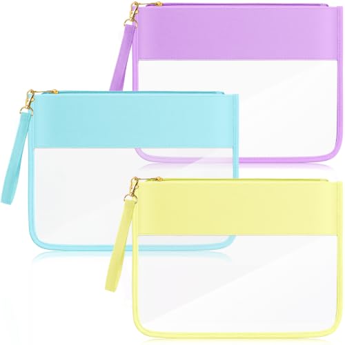 Sanwuta 3 Pcs Clear Flat Zipper Pouches for Travel Women, Nylon Waterproof PVC Makeup Snack Bags Set Organizer Portable Storage DIY Chenille Letter Beach Stuff Toiletry Gym(Green, Yellow, Purple) - color: Green,Yellow,Purple