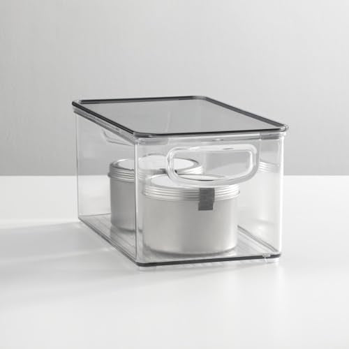 mDesign Plastic Deep Storage Bin Box Container with Lid and Built-In Handles - Organization for Fruit, Snacks, or Food in Kitchen Pantry, Cabinet, Cupboard, Ligne Collection, 4 Pack, Clear/Smoke Gray