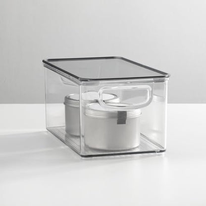mDesign Plastic Deep Storage Bin Box Container with Lid and Built-In Handles - Organization for Fruit, Snacks, or Food in Kitchen Pantry, Cabinet, Cupboard, Ligne Collection, 4 Pack, Clear/Smoke Gray