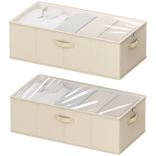 2 Pack Under Bed Storage Containers, 10 Inch Tall Underbed Clothes Storage Organizer Bin with Clear Window，Foldable Box Basket for Clothes, Closet, Bed Sheets and Blankets Beige - color: Beige