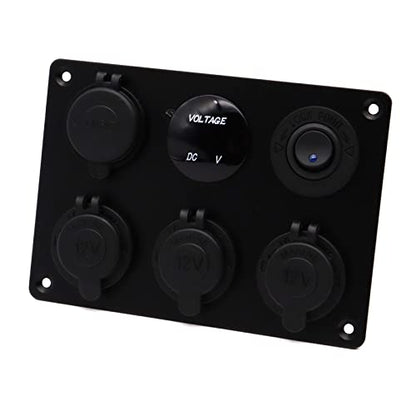 Dual USB Charger Socket Panel for Car, Waterproof 3-Socket 12V Cigarette Lighter Power Outlet Adapter & LED Voltmeter & ON-Off Toggle Switch Multi-Functions Panel for Boat Car RV Truck, for 12-24V Car