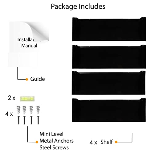 Wallniture Bali Black Floating Shelves for Wall, CD DVD Storage Shelves and Metal Bookshelf Set of 4 - color: Black
