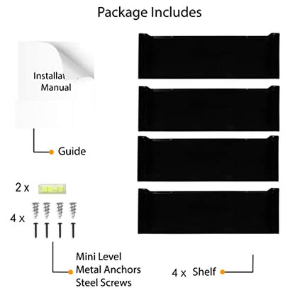 Wallniture Bali Black Floating Shelves for Wall, CD DVD Storage Shelves and Metal Bookshelf Set of 4 - color: Black