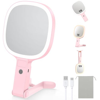 Gospire 6.8" Travel Vanity Mirror, 3-in-1 Hanging/Handheld/Desktop Use with Dual-Side Buttons, 1X/10X Magnification, 3-Color Dimmable LED, Auto Memory + Velvet Pouch (Pink) - color: Pink
