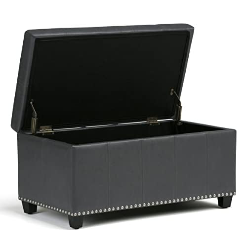 SIMPLIHOME Amelia Storage Ottoman - 33 inch Wide Vegan Leather Rectangle Storage Ottoman Bench in Stone Grey, Transitional Ottoman for Living Room with Nailhead Trim and Lift-Up Lid - color: Stone Grey