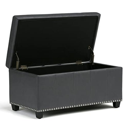 SIMPLIHOME Amelia Storage Ottoman - 33 inch Wide Vegan Leather Rectangle Storage Ottoman Bench in Stone Grey, Transitional Ottoman for Living Room with Nailhead Trim and Lift-Up Lid - color: Stone Grey