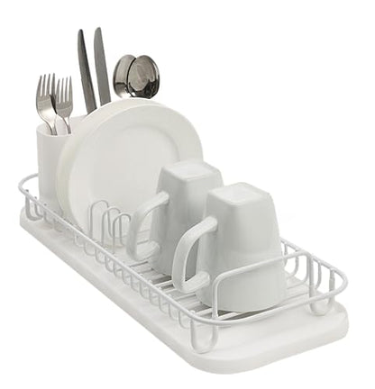 SunnyPoint 304 Stainless Steel NeverRust Compact Dish Drying Rack with Utensil Holder & Removable Drain Tray, Rustproof Small Dish Rack for Kitchen Countertop or Over Sink – White - color: Wht