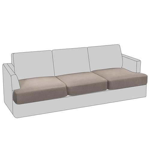 PrinceDeco Stretch T Cushion Sofa Slipcovers Jacquard 3 Piece Sofa Cushion Covers for 3 Cushion Couch Sofa Seat Cushion Covers with Elastic Bottom for Kids,Dog,Small Checked Pattern,Taupe - color: Taupe, size: 3 Cushion Sofa