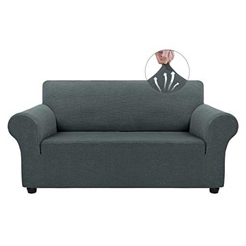 Asnomy Sofa Covers for 2 Cushion Couch Stretch loveseat Covers Slipcovers, Pet Protector Furniture Covers for Dogs Cats Spandex Jacquard Fabric Small Checks （Medium，Gray） - color: Grey, size: Medium