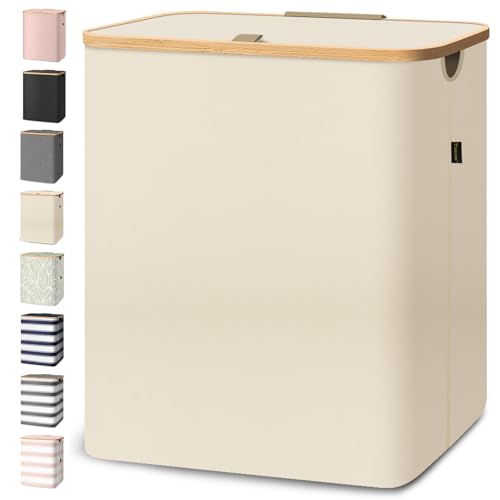 BALEINE Laundry Hamper with Lid, Tall Laundry Baskets with Bamboo Pull Handles, Large Laundry Bin with Internal Support (36 Gal/140L, Beige) - color: Beige, size: 140 liters