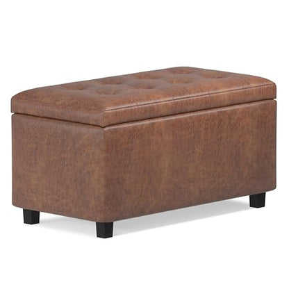SIMPLIHOME Cosmopolitan Storage Ottoman - 34 inch Wide Upholstered Vegan Leather Rectangle Storage Ottoman Bench in Distressed Saddle Brown, Transitional Tufted Ottoman for Entryway with Lift-Up Lid - color: Distressed Saddle Brown