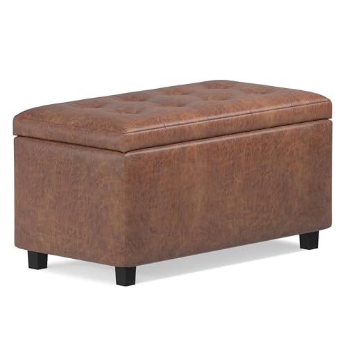SIMPLIHOME Cosmopolitan Storage Ottoman - 34 inch Wide Upholstered Vegan Leather Rectangle Storage Ottoman Bench in Distressed Saddle Brown, Transitional Tufted Ottoman for Entryway with Lift-Up Lid - color: Distressed Saddle Brown