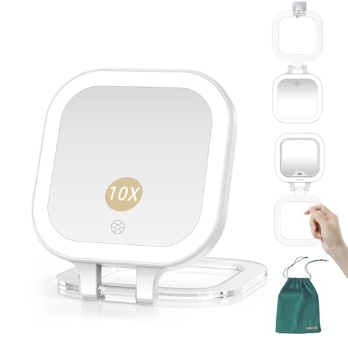 Mocado Compact Travel Makeup Mirror, 1X/10X Magnifying Mirror with Light, Double Sides Compact Mirror with 3 Color Light, Dimmable Handheld Mirror, Rechargeable Travel for Purse,Pocket(White) - color: A-10x Magnifying-white