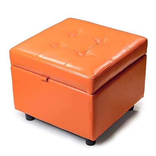 H&B Luxuries Tufted Leather Square Flip Top Storage Ottoman Cube Foot Rest - color: Orange With Storage