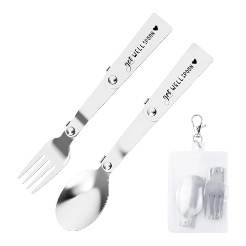 Get Well Soon Gifts Folding Spoon and Fork Set Portable Travel Utensils with Case Inspirational Cheer Up Gifts for Women Men Surgery Recovery Gifts Ideas Foldable Spoon Fork Set for Camping Travel - color: Get Well Spoon