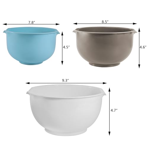 3pcs Mixing Bowls with Pour Spout-Nesting Design Saves Space - Non-Slip, BPA Free, Dishwasher Safe Plastic - Kitchen Cooking and Baking Supplies (White)
