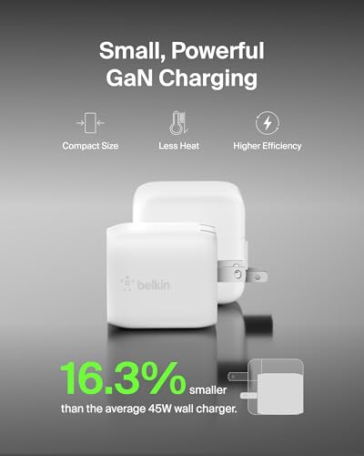 Belkin Dual Port Charger Block 45W - C to C Cable Inlcuded - GaN PD3.0 Super Fast Charging - Samsung Galaxy S25, MacBook, iPhone 17, iPad, AirPods, Google Pixel 10, Nintendo Switch 2 & More - White - style: 45W White + USB-C Cable