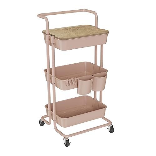 DTK 3 Tier Rolling Utility Cart with Cover Top Board, Movable Kitchen Storage Cart Trolley with Lockable Wheels, Cups, Hooks for Kitchen Bathroom Home Office Art Craft Storage and Organization(Pink) - color: Pink, size: Medium