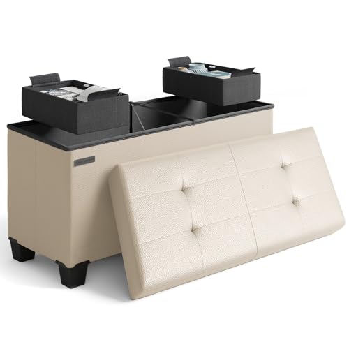 Storage Ottoman Bench with Bins, 30-in Storage Bench for Bedroom End of Bed, Folding Foot Rest Ottoman for Living Room Max 660lbs, Leather Ottomans, Beige - color: 08 - Beige