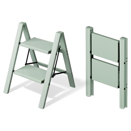 Mayi Plus 2 Step Ladder,Aluminum Folding Step Stool for Adults,Step Ladder with Wide Anti-Slip Pedal,330 lbs Capacity for Home,Office,Kitchen,Library(Green) - color: Green, size: 2 Step
