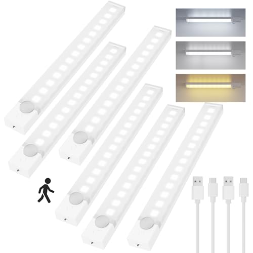 Under Cabinet Lighting 8 Inches Rechargeable Motion Sensor Light Indoor, 3 Color Dimmable Closet Light Battery Operated, USB Stick on LED Magnetic Under Counter Lights for Kitchen Stair, 6 Packs - size: 8inch-6pack