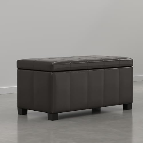 SIMPLIHOME Dover Storage Ottoman Bench - 36 inch Wide Upholstered Vegan Leather Rectangular Lift-Top Ottoman in Dark Clove Brown, Contemporary Bench for Living Room with Safety Hinges - color: Dark Clove Brown