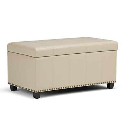 SIMPLIHOME Amelia Storage Ottoman - 33 inch Wide Vegan Leather Rectangle Storage Ottoman Bench in Satin Cream, Transitional Ottoman for Living Room with Nailhead Trim and Lift-Up Lid - color: Satin Cream