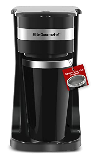 Elite Gourmet EHC114 Personal Single-Serve Compact Coffee Maker Brewer Includes 14Oz. Thermal Travel Mug with Stainless Steel Interior, Compatible with Coffee Grounds, Reusable Filter, Black - color: Black, size: 14 ounce