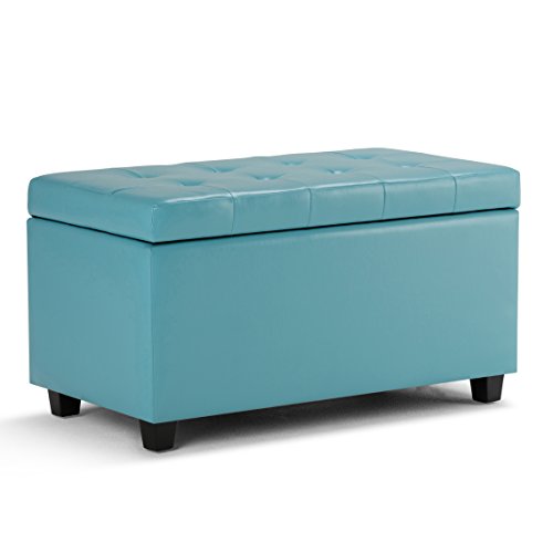 SIMPLIHOME Cosmopolitan Storage Ottoman - 34 inch Wide Upholstered Vegan Leather Rectangle Storage Ottoman Bench in Soft Blue, Transitional Tufted Ottoman for Living Room or Entryway with Lift-Up Lid - color: Soft Blue