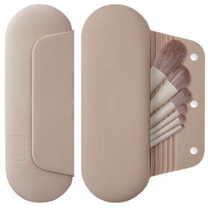 AGIKET Silicone Makeup Brush Holder Travel Cosmetic Bag：Soft Portable Cosmetic Face Brushes Holder with Upgrade Anti-Fall Out Magnetic Closure, Large Travel Makeup Brush Case - Walnut - color: A-Walnut, style: Brush Holder
