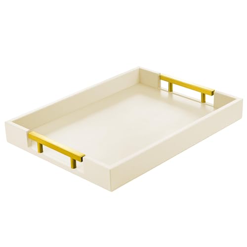 ATZYmolin Leather Serving Tray with Gold Polished Metal Handles, Home Decorative Wooden Rectangle Ottoman Decor Platter Bathroom Vanity Tray for All Occasions Cream - color: Cream With Glod Handle