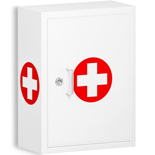 Locking Medicine Cabinet for Bathroom: Wall Mount Medical Box for Medication Storage - Large Capacity First Aid Wall Cabinet for Home, School, Office (White) - color: White