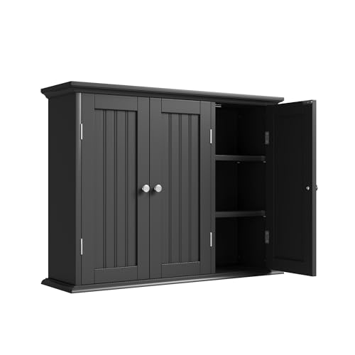 ChooChoo Bathroom Wall Cabinet with 3 Doors, Laundry Cabinet Wall Mounted, Medicine Cabinet with Adjustable Shelves, Hanging Kitchen Cupboard Organizer, Black - color: Black, size: 9.06"D x 31.1"W x 23.4"H