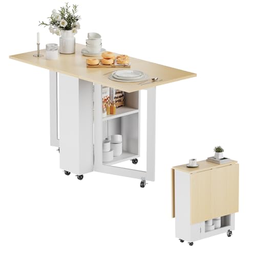 LotFun Folding Dining Table, Space-Saving Dining Table with 6 Rolling Wheels and 2-Tier Storage Shelf, Kitchen Table for Small Spaces - color: White