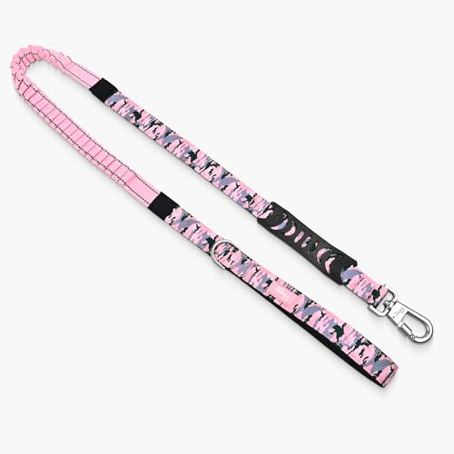 Dog Friendly Co. Bungee Dog Leash | Strain Free & Shock Resistant for Control | Neoprene Padded Handle, Heavy-Duty Carabiner Clip, and D-Ring | Pink Camo, Size Small - color: Pink Camo, size: Small