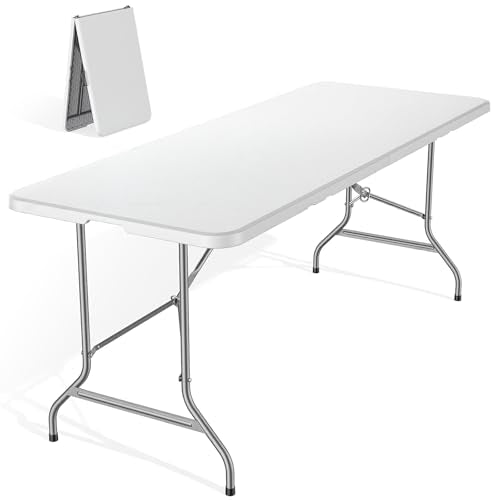 DUMOS 6 FT Folding Picnic Table Simple to Fold and Keep, 3.8 FT Foldable Table for Camping Dining Party Kitchen Picnic Outdoor Indoor with Carrying Handle - color: Chiffon White, size: 6 FT