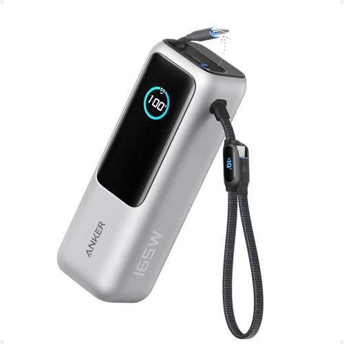 Anker Laptop Power Bank,25,000mAh Portable Charger with 165W Total Output,3 USB-C Ports (100W Max Each),Built-in Retractable Cables,Flight-Ready,for iPhone 17/16 Series,MacBook,Samsung,and More - color: Silver