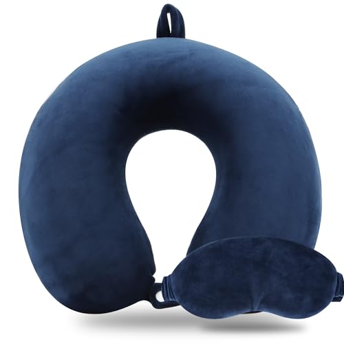 Pure Memory Foam Travel Pillow Set for Adults - Comfortable & Removable Machine Washable Cover, Neck Support Pillow Airplane Travel Kit with Eye Mask for Portable Plane Accessories -Dark Blue - color: Dark Blue