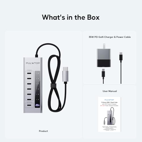 Powered USB C Hub, PULWTOP 7 in 1 USB C Hub Support Data 10Gbps & Charging(Not Support Video), USB C Powered Hub 10Gbps Ports for iMac, MacBook Pro/Air, iPad, XPS, USB Hub with 35W PD Power Adapter