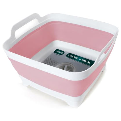 FOSJGO Collapsible Dish Basin with Drain Plug, 2.4 Gal (9L) Space-Saving Foldable Sink, Wash Basin for Kitchen, Baby Bottles, Vegetable Washing, Camping, RV and Party Beverage Tubs (Pink) - color: Pink