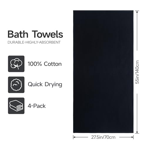 REDKISS 100% Cotton Waffle Weave Bath Towels 4 Piece - 27.5x55 Inches| Lightweight, Quick Dry & Highly Absorbent,Perfect for Spa, Gym, Travel, Guest Bathroom-Black - color: Black