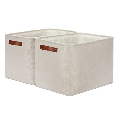 DULLEMELO 2-Pack Large Storage Baskets for Organizing 16"x12"x12" Canvas Fabric Storage Basket Bins With Leather Handles for Shelf Clothes Empty Gift Basket (Beige) - color: Beige-Leather Handles, size: Large-16"x12"x12"