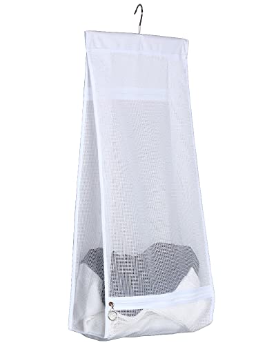 Jelier Hanging Mesh Laundry Basket,Collapsible Fabric Laundry Hamper with Rotatable Hanger,Portable Storage Bag for Apartment,RV,Camper,Cabin,College Dorm Use (white)