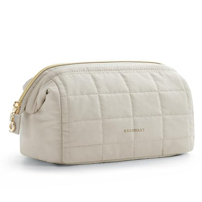 BAGSMART Makeup Bag Cosmetic Bag Wide Open, Beige, M, Wide-open Travel Makeup Bag With Puffy Padded and Rectangular Quilted - color: 08-Cream Beige