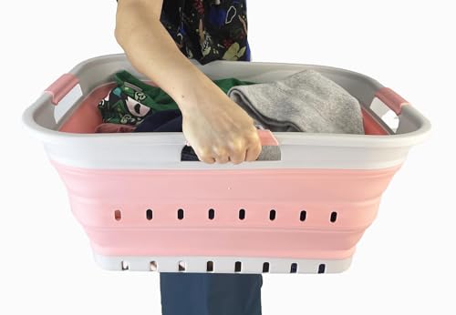 SAMMART 42L (11 gallon) Collapsible Plastic Laundry Basket - Foldable Pop Up Storage Container/Organizer - Space Saving Hamper/Basket (Grey/Quartz Pink) - color: Grey/Quartz Pink