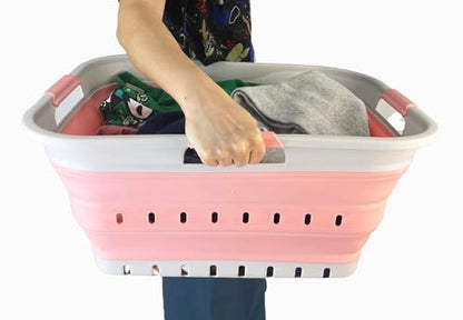 SAMMART 42L (11 gallon) Collapsible Plastic Laundry Basket - Foldable Pop Up Storage Container/Organizer - Space Saving Hamper/Basket (Grey/Quartz Pink) - color: Grey/Quartz Pink