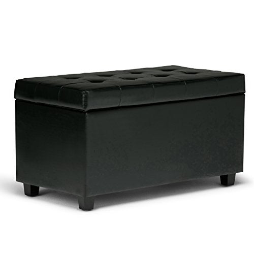 SIMPLIHOME Cosmopolitan Storage Ottoman - 34 inch Wide Upholstered Vegan Leather Rectangle Storage Ottoman Bench in Midnight Black, Transitional Tufted Ottoman for Living Room with Lift-Up Lid - color: Midnight Black